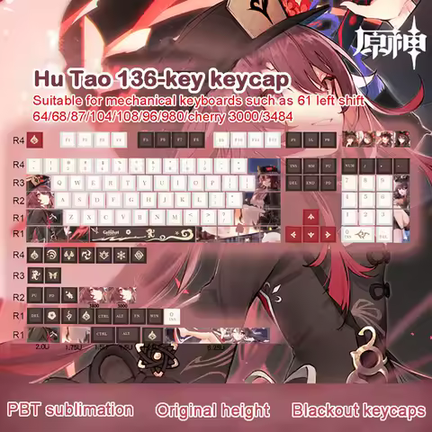 1 Set PBT Sublimation Keycaps Two Dimensional Cartoon Anime Gaming Key Caps OEM Profile Backlit Keycap For Genshin Impact Hu Tao