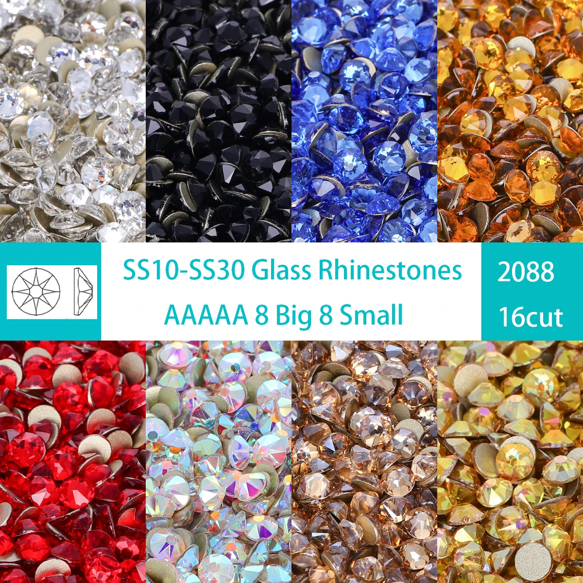 SS10-SS30 alta calidad AAAAA 2088 diamantes de imitación cristal Flatback 8 grandes 8 pequeñas piedras de 16 cortes para manualidades DIY decoración de uñas
