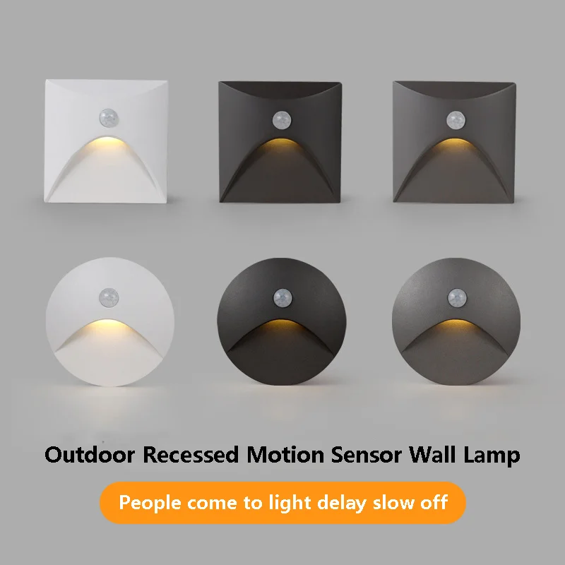 

Outdoor Recessed Motion Sensor LED Wall Lamp Waterproof Aisle Corridor Stair Wall Sconce Round Square Night Light 3W AC85-265V