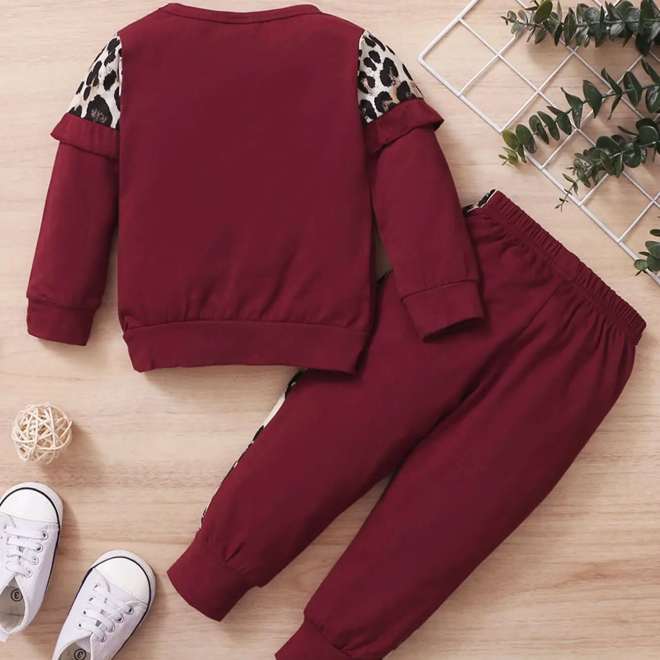 0-2-year-old newborn baby  spring and autumn wine red stitching leopard print round-necked long-sleeved trousers fashion suit