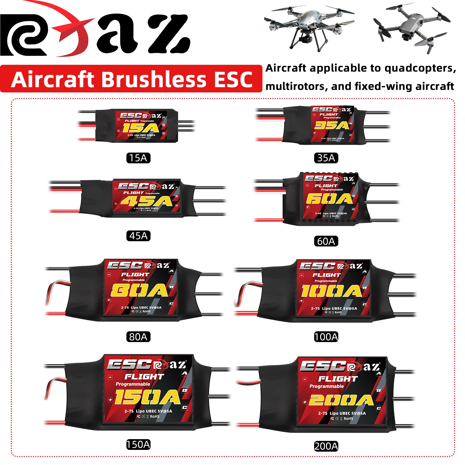 RCXAZ Brushless ESC 15A 35A 45A 60A 80A 100A 150A 200A With UBEC For RC Airplanes Helicopter Drone Quadcopter Aircraft DIY FPV