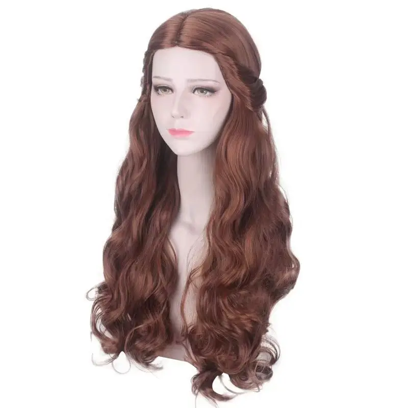 Princess Belle Cosplay Wig Movie Character Wig Brown Long Curly Wig Rose Net Cap Heat Resistant Synthetic Fiber Wig Halloween