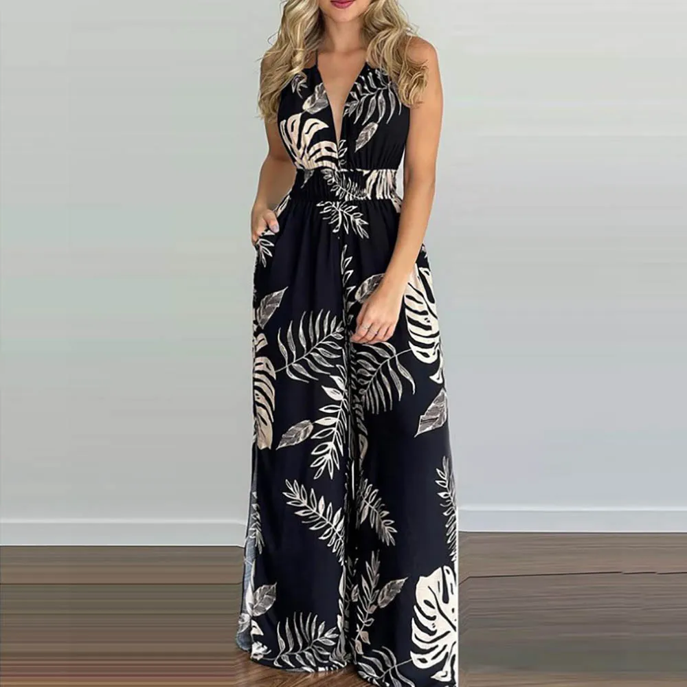 New Summer Beach Bohemian Jumpsuit Women sexy backless Printed wide leg Bodysuits Elegant casual side split one piece set