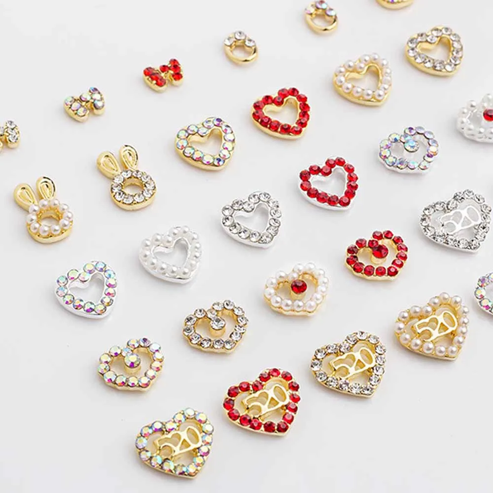 10pcs Luxury Hollow Heart Nail Art Charm 3D AB/White/Red Pearl Crystal Gem Nail Jewelry Parts DIY Love Dersign Nail Decor Parts