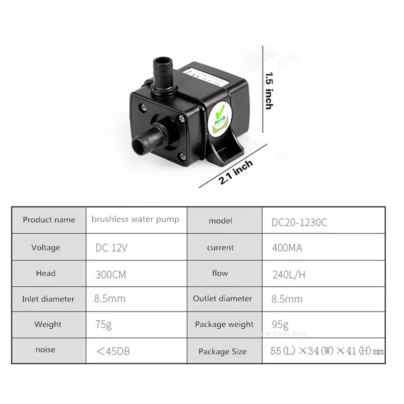 DC12V 400MA 240L/H Mini Water Pump Micro DC Brushless Fish Tank Hydroponic Silent Circulation Submersible Pumps AD20P-1230C