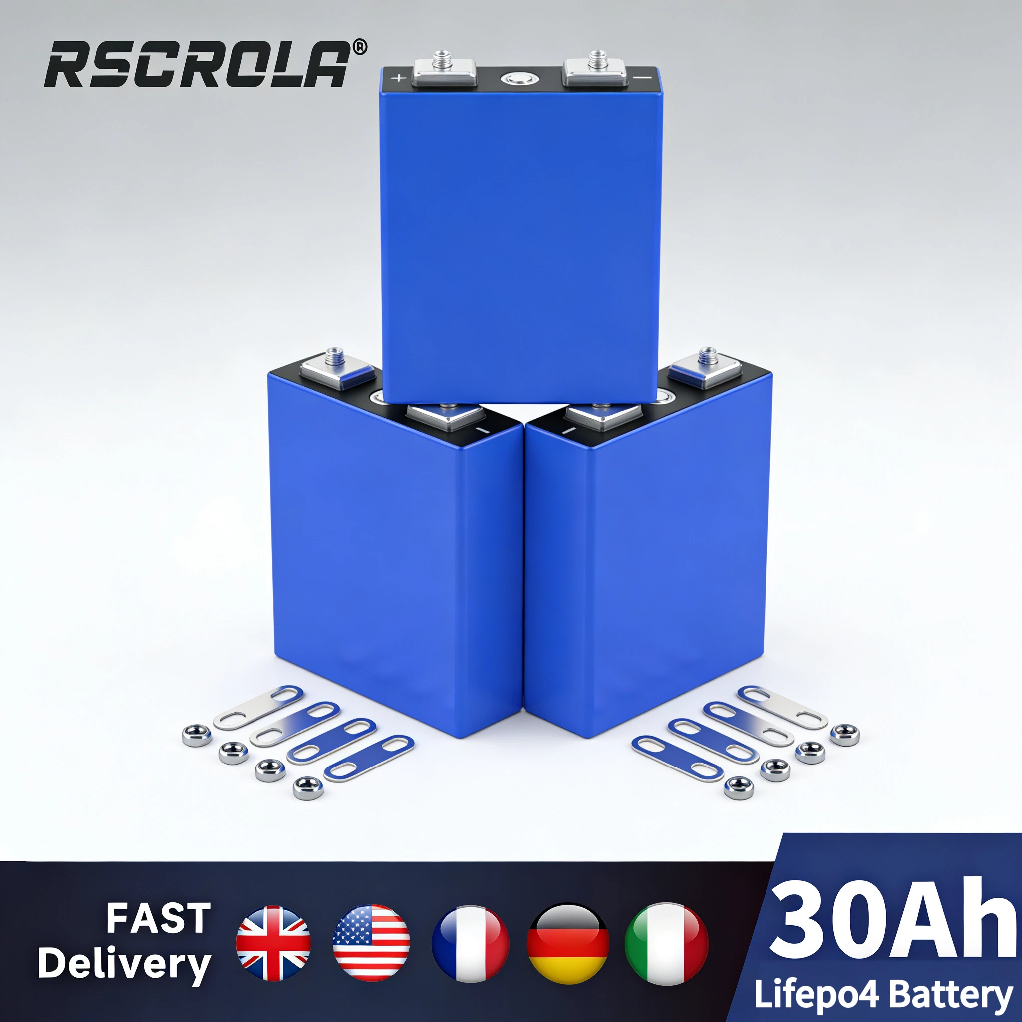 Celda de Batería LiFePO4 Rscrola Grado A 3.2V 30Ah, 4000+ Ciclos de Ciclo Profundo para Sistemas Solares DIY de 12V/24V/36V/48V y UPS