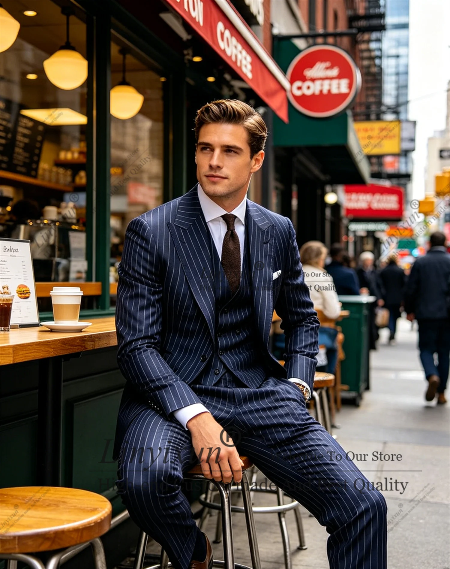 Leisure Business Men's Pinstripe 3 Piece Suit Set Peak Lapel Slim Fit Striped Tuxedo Suit For Wedding Prom Formal ropa hombre