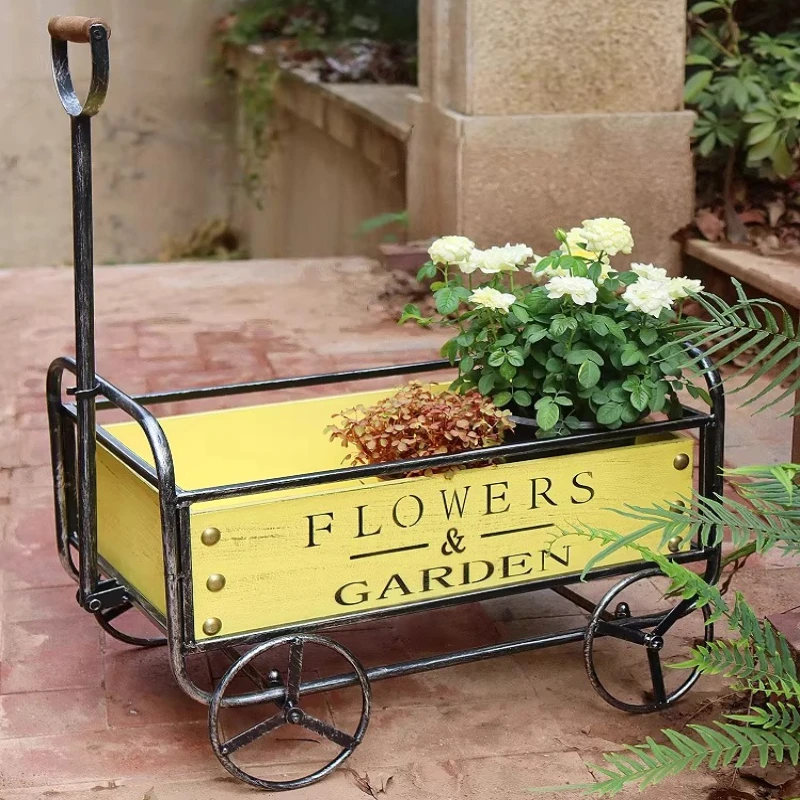 Outdoor Iron Flower Stand Trolley Garden Balcony Decorative Planter Cart Creative Succulent Pot Display Rack Rustic Patio Cart