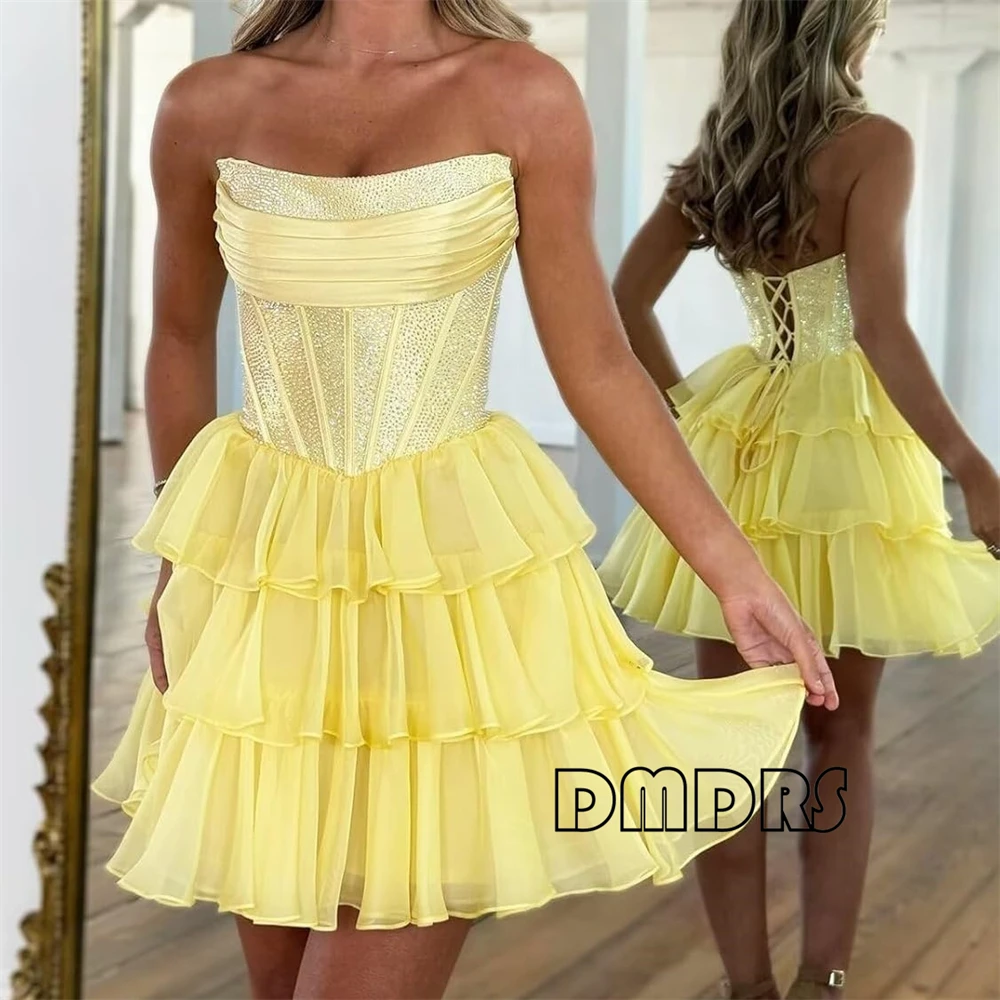 

Sparkly Homecoming Dresses for Teens Strapless Tiered Chiffon Corset Short Prom Formal Dress Customized Tiered