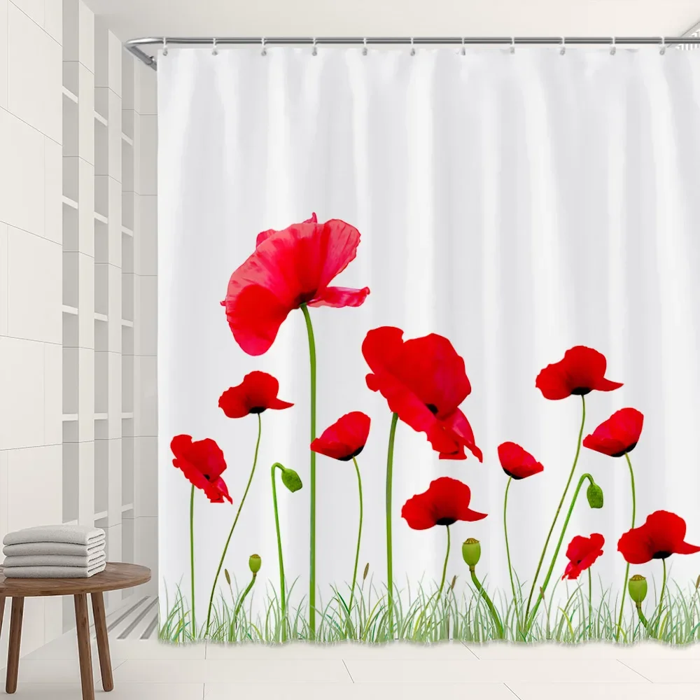 Natural Floral Shower Curtains Spring Red Poppies Flowers Dandelion Hand Painted Watercolor Polyester Bathroom Decor with Hooks