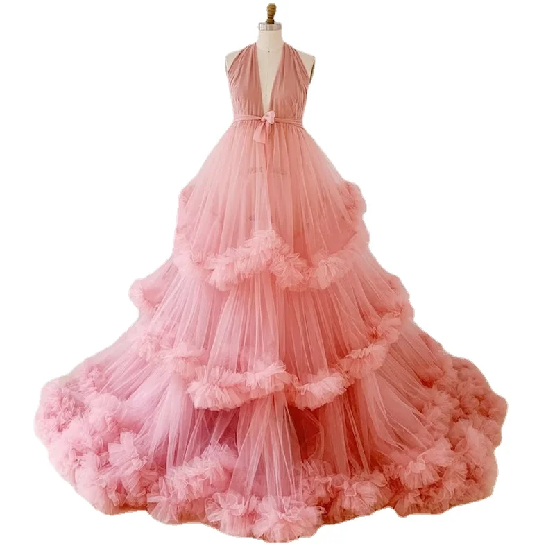 Halter Neck Ruffle Tulle Maternity Dress for Photo Shoot/Tulle Maternity Robe/Baby Shower Dress/Photography Dress