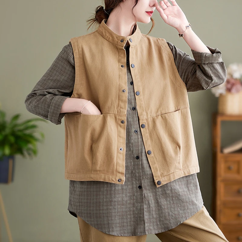 Retro Cotton Vest Autumn New Style Loose Short Sleeveless Open Cardigan Top Classy Diagonal Pattern Outerwear for Women