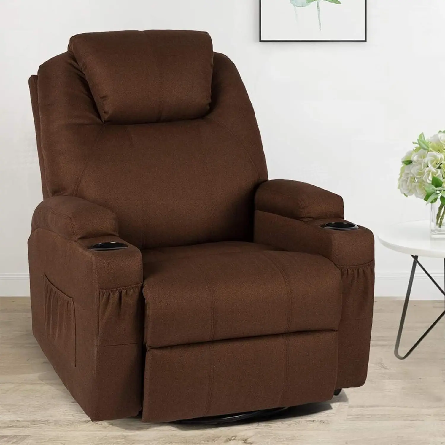 

Esright Recliner Chair Heated 360° Swivel Recliner Single Sofa Seat with Cup Holders for Living Room,Brown