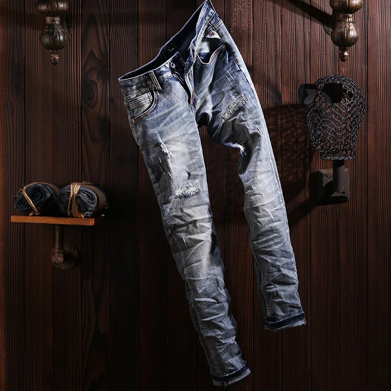 Street Fashion Vintage Men Jeans High Quality Retro Blue Stretch Slim Fit Ripped Jeans Men Patched Designer Denim Pants Hombre
