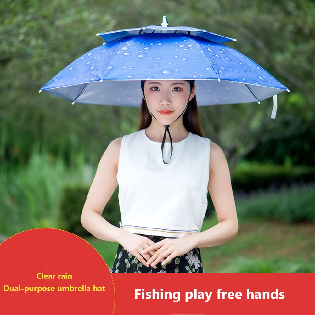 Men Women Folding Umbrella Hat Outdoor Large Fishing Umbrella Cap, Double Layer Rain Protection Umbrella Adjustable Headwear