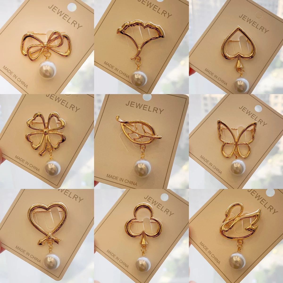 Cross border new alloy chest flower, simple pearl brooch, leaf love spade style clothing accessories