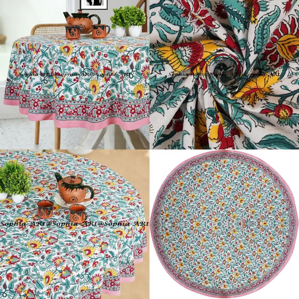 

Скатерть из 60% хлопка, 4-местная, с блочной печатью, для улицы, патио, кемпинга, отдыха, моющаяся, для кухни (дизайн с 34 цветами)