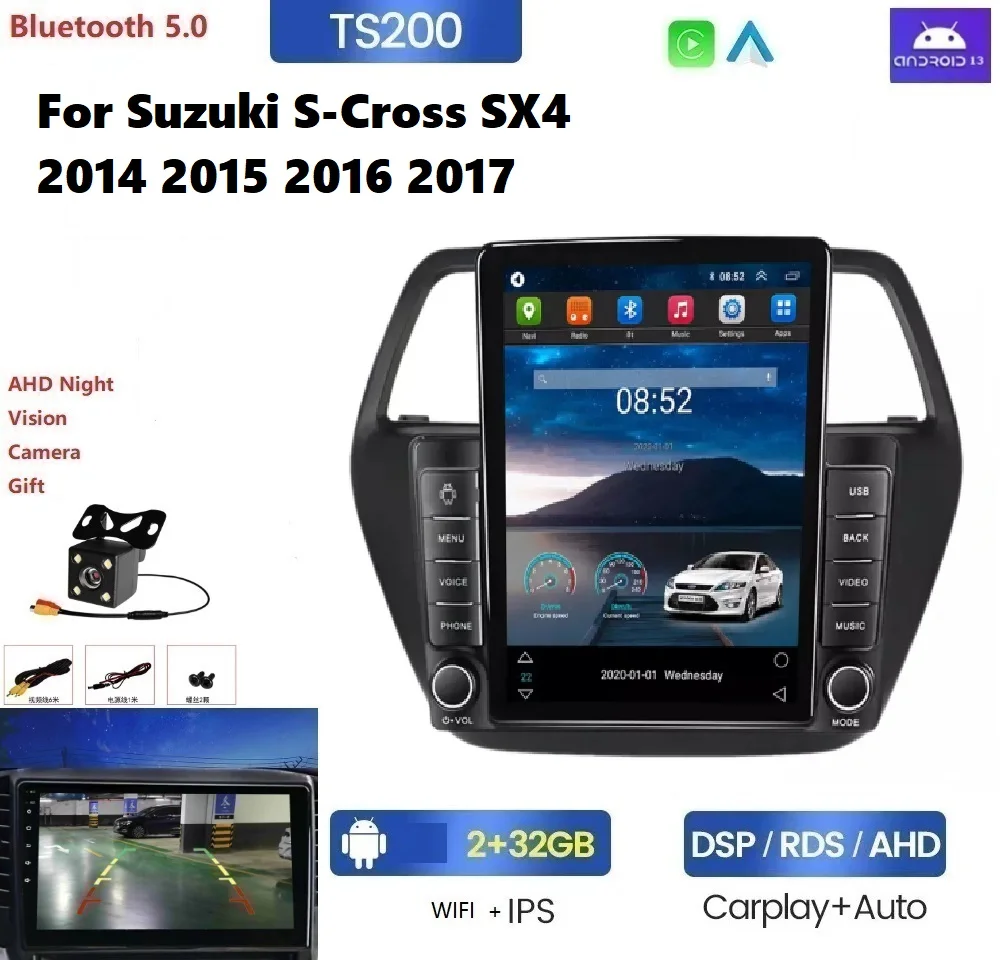 Android 13 IPS 2.5D screen car video For Suzuki S-Cross SX4 2014 2015 2016 2017 8+128GB ADAS DVR GPS BT Stereo