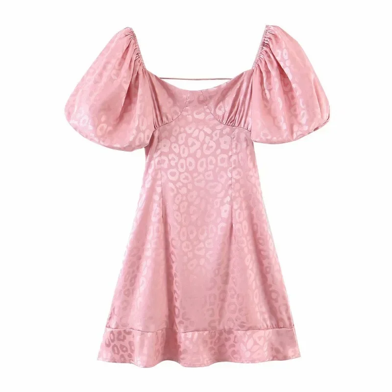 

2021 Summer Lantern Sleeve New Leopard Print Dress Women Sexy Backless Lace Up Party Satin Pink Mini Dress Vintage Boho Dress