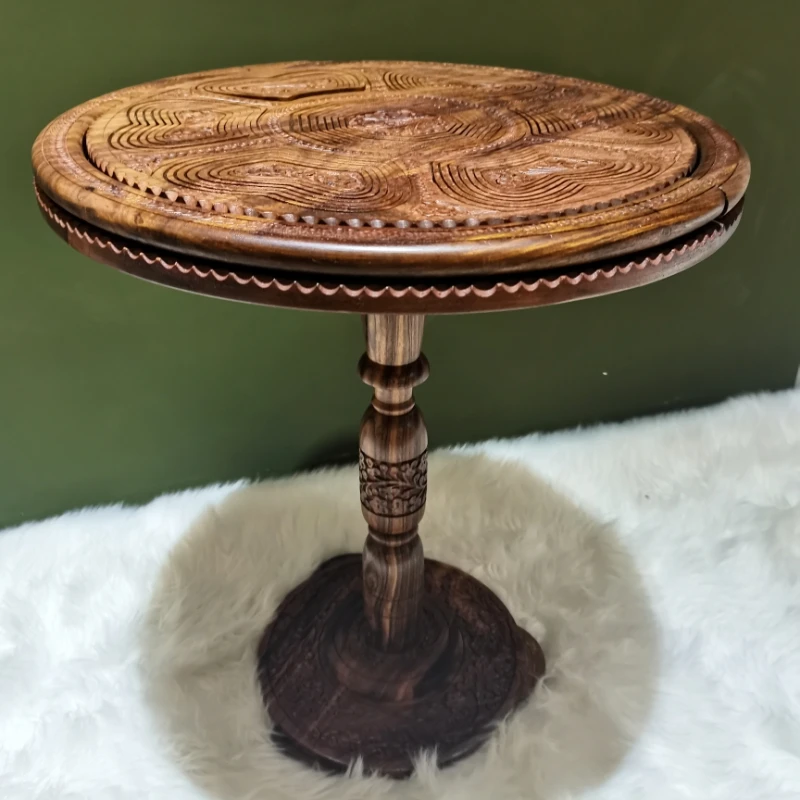 Wood carving table, hand-carved antique solid wood, coffee table, coffee table diameter 45cm