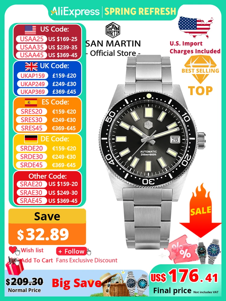 

San Martin 62mas Diver Watch 39mm Classic NH35 Men Automatic Mechanical Watches Sapphire Waterproof 200m SLN C3 Luminous SN0007