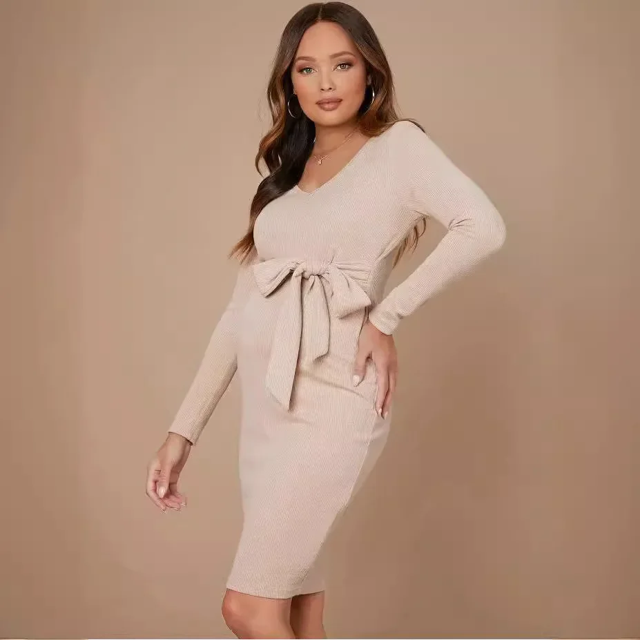 2024 European American V-neck Ties Waist Long Sleeve Knitted Maternity Dress Pregnancy Women's Fashion Tight Fitting Short Dress