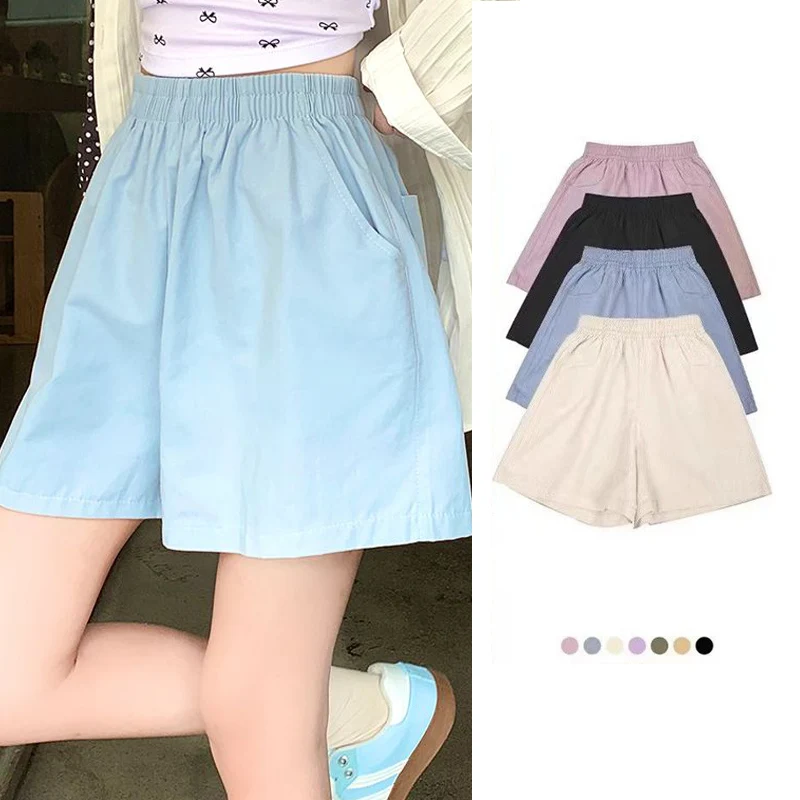 

New Summer Female Solid Color A-line Short Pants Lady Baggy Casual High Waisted Pants Girls Korean Concise Wide Leg Cargo Shorts