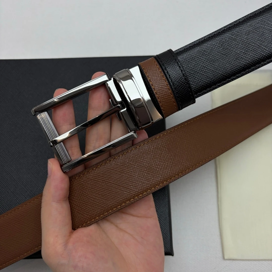 Casual Business Formal Waist Strap Luxury Men's Reversible Cross‑Grain Leather Belt Rotatable Pin Buckle Black Brown Dual‑Sided