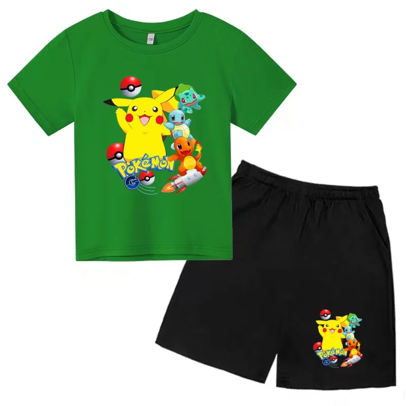 Children's T-shirt Two-piece Set 3-12Years Pokemon Cool Summer Anime Pikachu Boys Girls Clothing Short-sleeved+Shorts Casual Set view 4