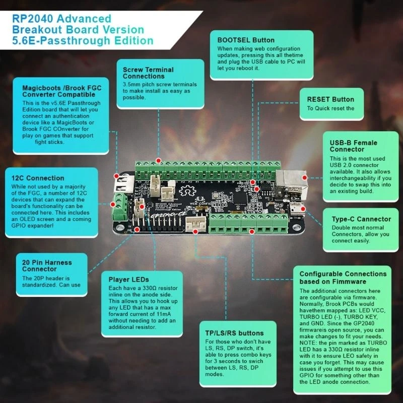 Tablero V5.6E RP2040 Pase combate pases USB avanzado para pelea multiplataforma Hitbox D2RC