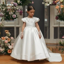 FATAPAESE Customized White Flowers Girl Dress Tank Sleeve Shining Crystal Pearls Full Satin Floor-length Skirt Wedding Ball Gown