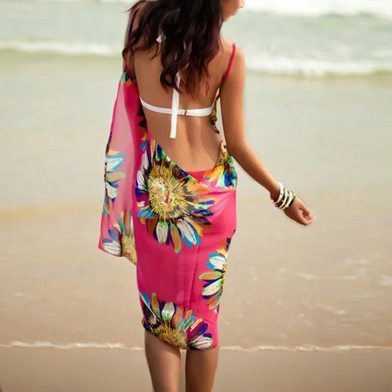 Printed Cover-ups Sexy Beach Dress Women Halter Sling Chiffon Beach Towel Bikini Wrap Pareo Skirts Open-Back Swimwear Dress