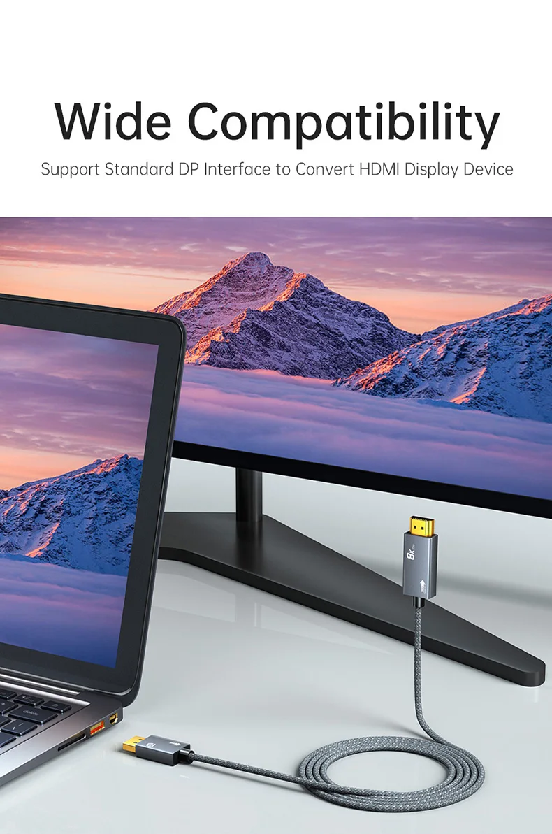 DisplayPort-zu-HDMI-Kabel 8K, VRR 4K@240Hz 2K@480Hz Aktives DP1.4-Quellkabel zu HDMI2.1-Displaykabel für Monitore von AMD, NVIDIA, Dell – Detail 8
