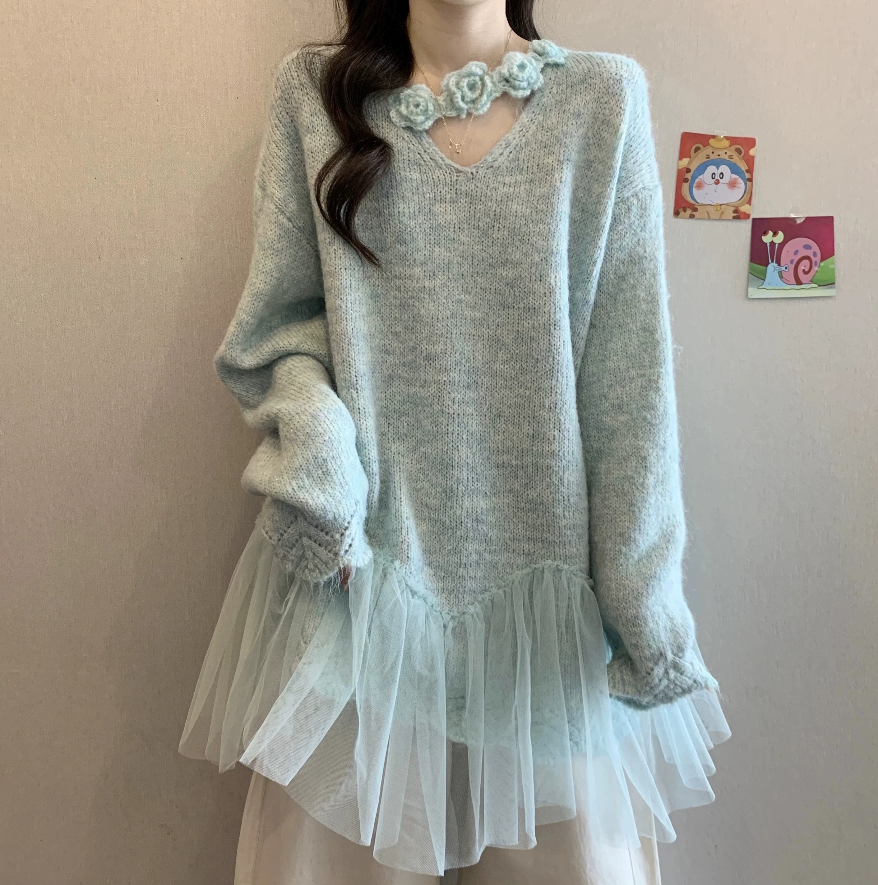 Dreidimensionaler Blumen-Strickpullover mit hängendem Hals für Damen, lockeres Oberteil, Pullover mit Netznähten, Lila, Herbst, 2026