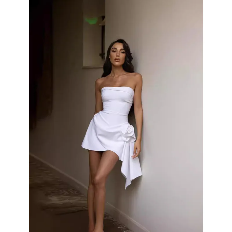 European and American style summer women's fashion temperament flower decoration solid color backless strapless dress for women