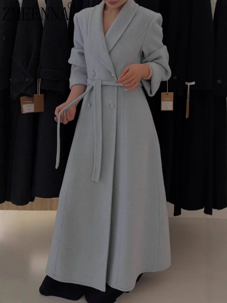

ZMEENNA Blue Wool Blend Long Coat For Women With Belted Waist And Double Breasted Buttons Winter Outerwear Warm ZM4028
