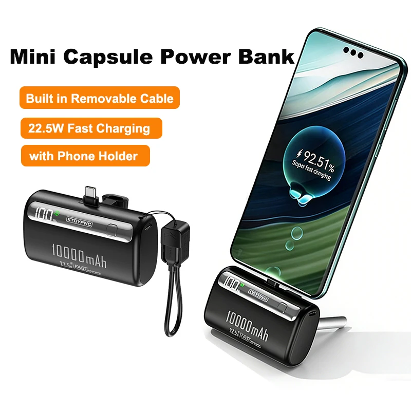 

Mini Capsule Power Bank 10000mAh External Battery Type C 22.5W Fast Charging Portable Charger For iPhone Xiaomi Samsung Huawei