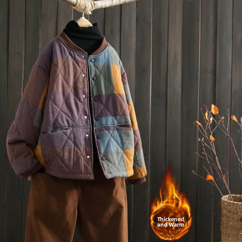 

Легкое стеганое хлопковое пальто, женское осенне-зимнее свободное пальто больших размеров в клетку, теплая повседневная верхняя одежда с воротником-стойкой