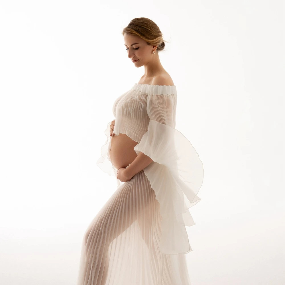 Pleated Maternity Photography Dresses White Mesh Gown For Photo Shoot Bell Sleeve Pregnant Women See Through Maxi Dress