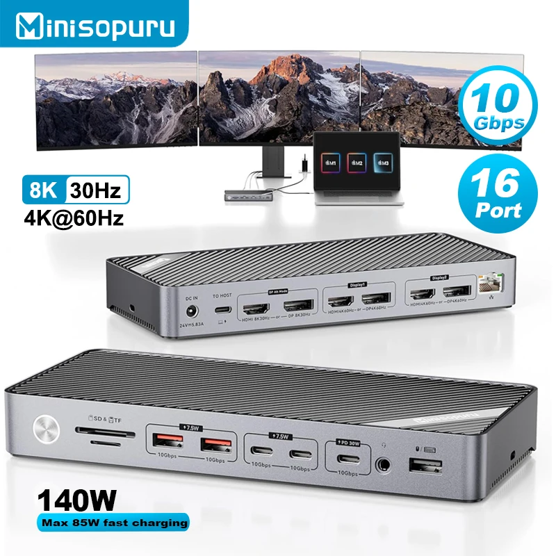 Minisopuru DisplayLink Docking Station with 140W Charger 8K/4K HDMI USB Multi-Port Docking for MacBook Thunderbolt 4/3 Windows