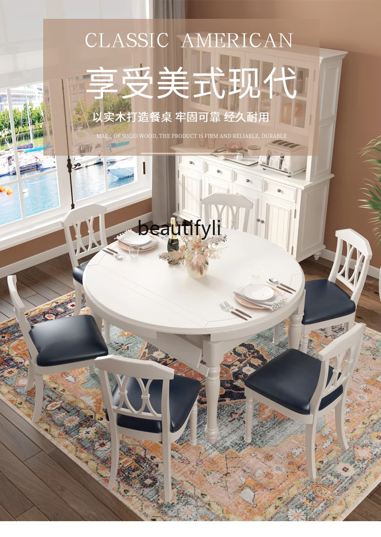 American-Style Solid Wood Dining Table Simple and Foldable Retractable Dining Table and Chair round Dining Table