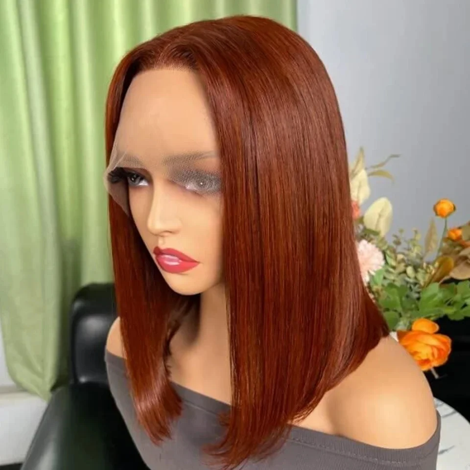 Marrom avermelhado Bob peruca para mulheres, peruca dianteira do laço, pré arrancada com o cabelo do bebê, HD fechamento transparente do laço, cabelo humano, 13x4, 4x4