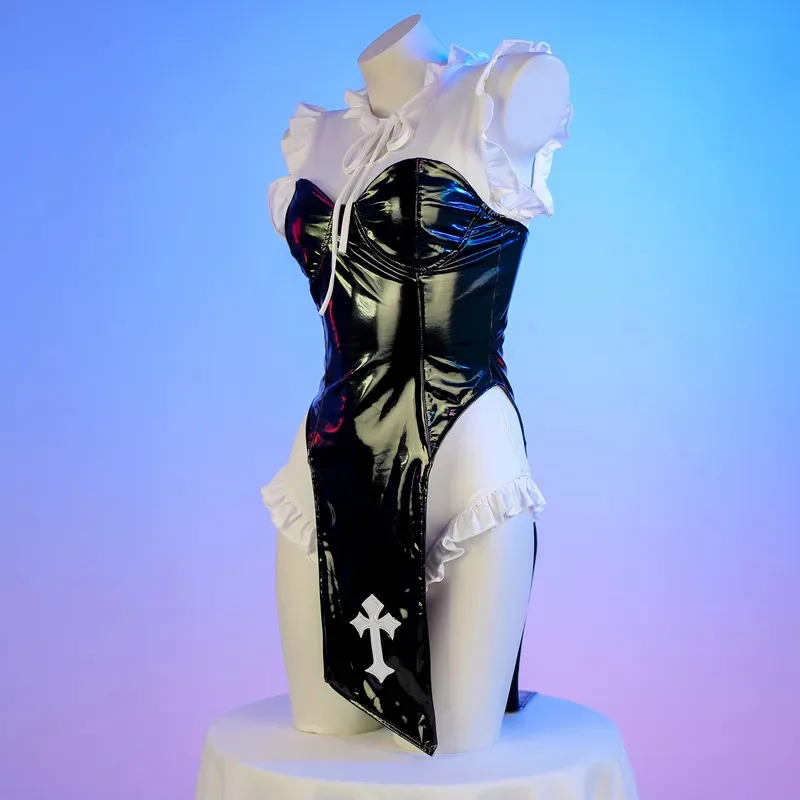 

COSda@DropShip Anime Vibrastar Sister Cosplay Sexy Nun PU Leather High Split Dress White Ruffle Bodysuit Jumpsuit Halloween Cost