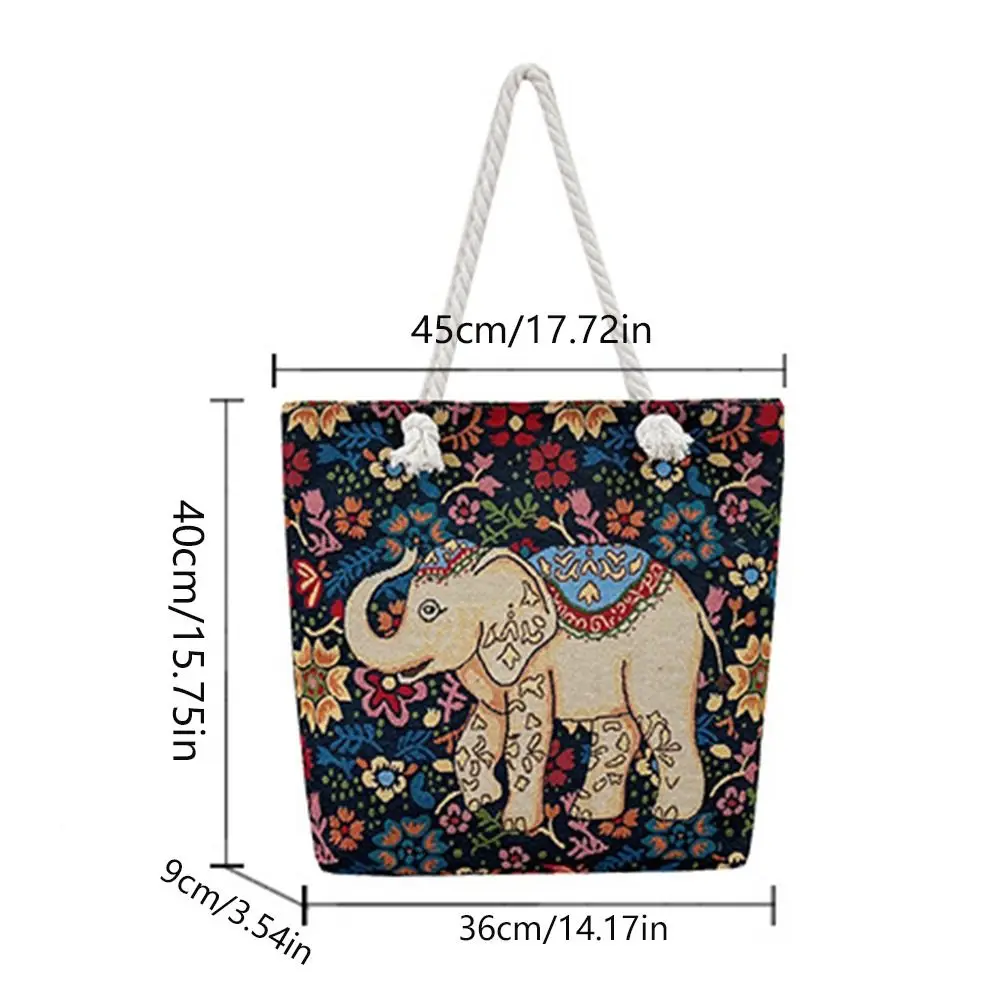 Bolsa estilo étnico elefante bordado simples sacola de lona animal, sacos de ombro do cão, bolsa para mulheres e meninas