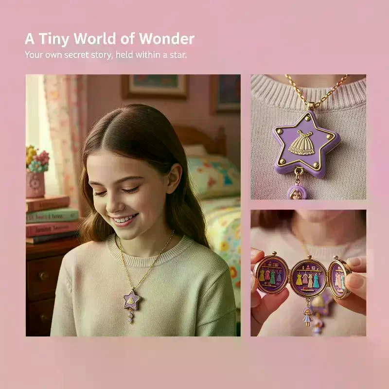 Cute Star Locket Necklace Open Ring Combo Enamel Craft Hidden Mini Doll Jewelry for Girls Casual Outfit Matching