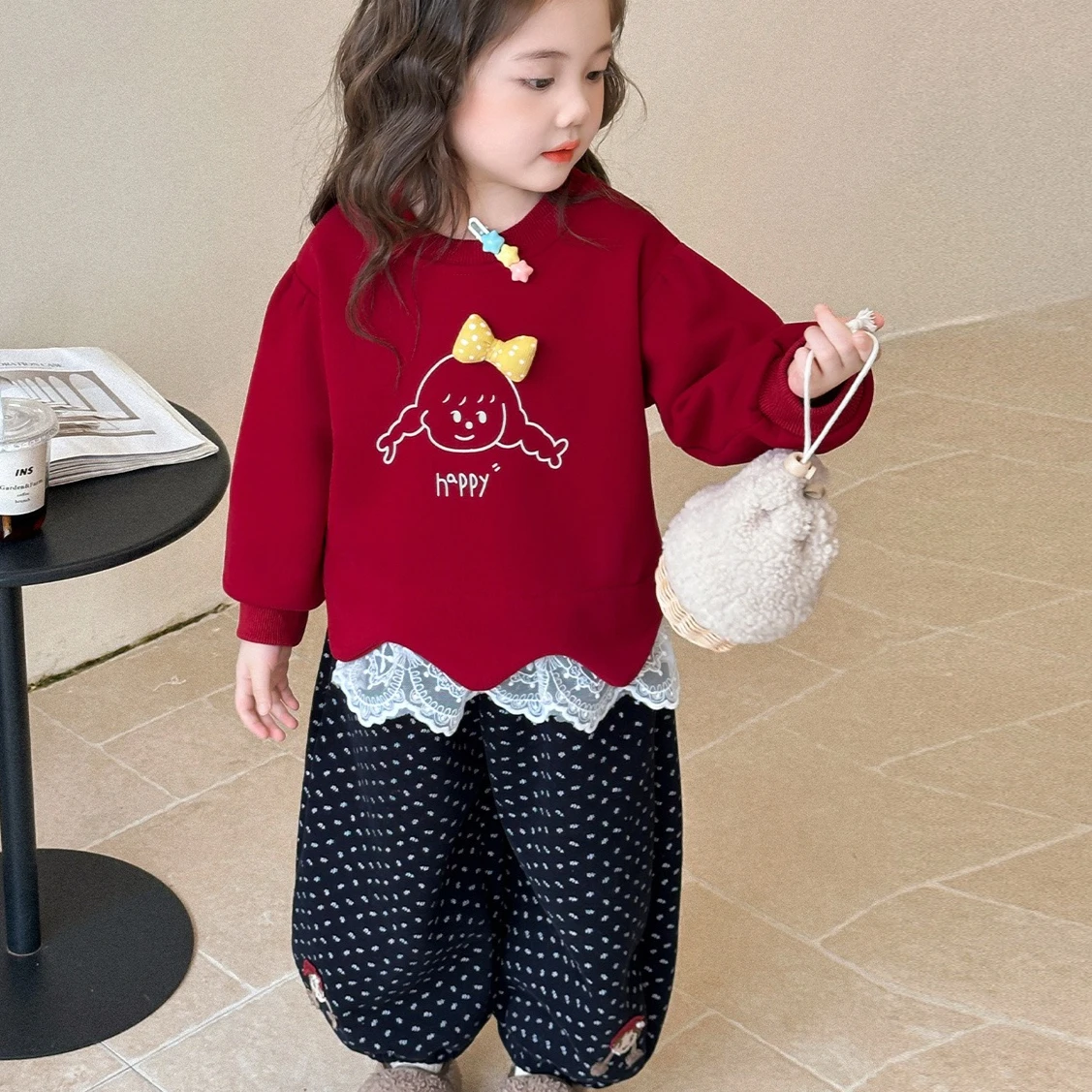 

Girl Suit 2025 Spring and Autumn New Childrens Clothing Girl Baby Plus Velvet Cartoon Little Girl Lace Hoodie Two-piece Set