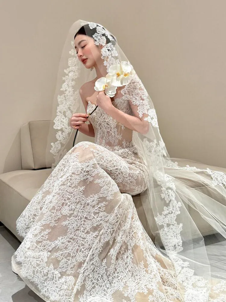 

Wedding Accessories Soft Tulle Mantilla Lace Edge Bridal Veil Wedding Veil Headwear Handmade Custom Length Style