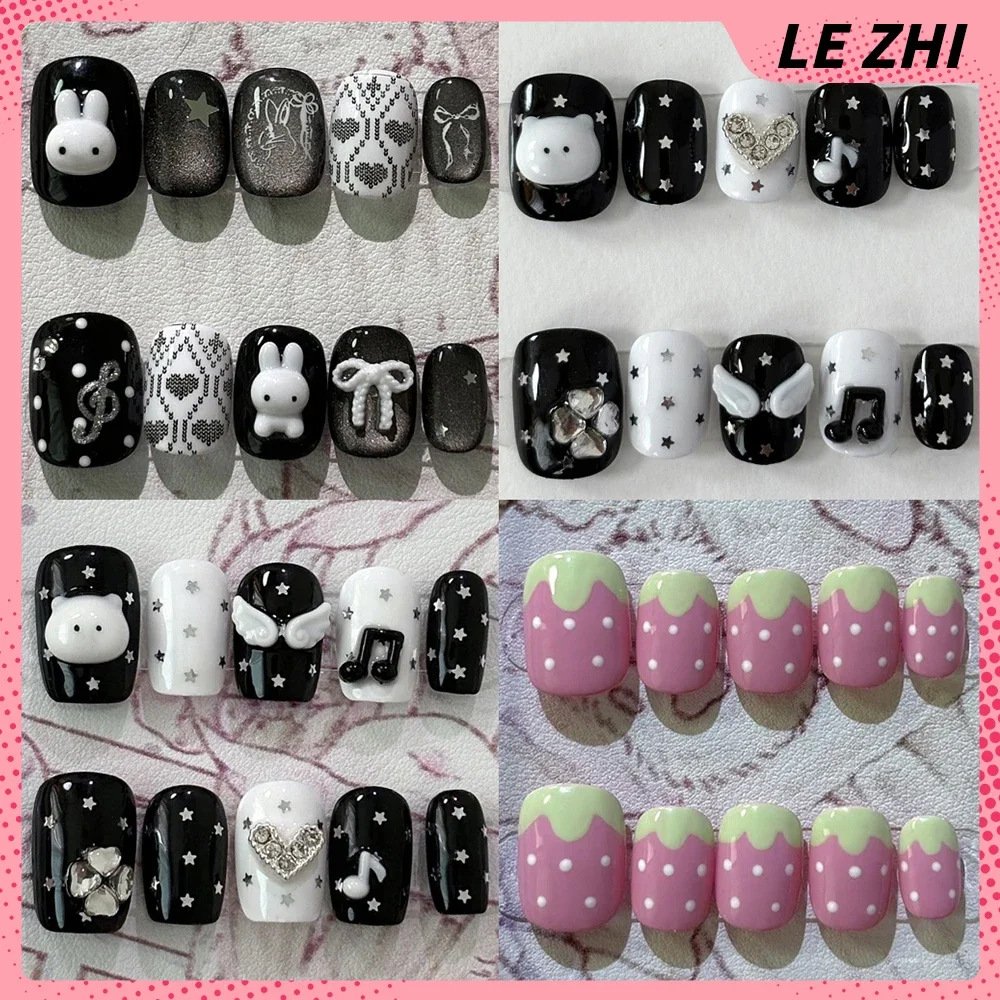 

Y2K Kawaii Rabbit Bear Handmade Short Square Ruond Press On Nails Shining Stars Wings Bowknot Music Note Diamond Fake Nails