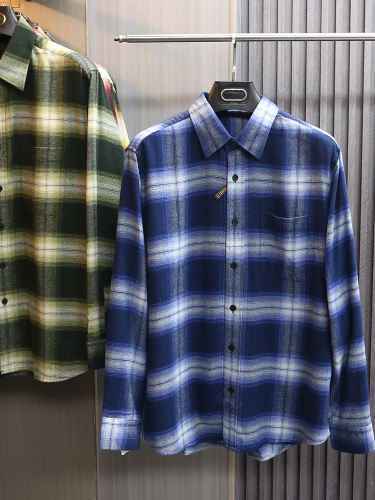 

2025 New Waed Pure Cotton Skin-friendly Autumn Winter Flannel Classic Plaid Long Sve Men's irt Stand Fit Vintage Sle