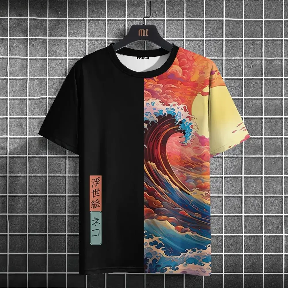 New Ukiyo-E Men\'s T-Shirt 3d Wave Print Short Sleeve T-Shirt Top Fashion Patchwork Man Clothes Retro Loose Oversized Tee For Men